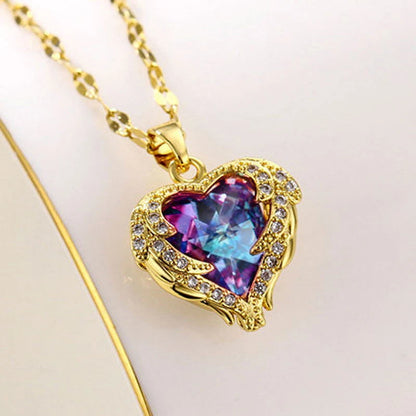 Exquisite Fashion Copper Inlaid Crystal Zircon Ocean Heart Necklace for Women Angel Wings Pendant Chain Designer Jewelry Gift