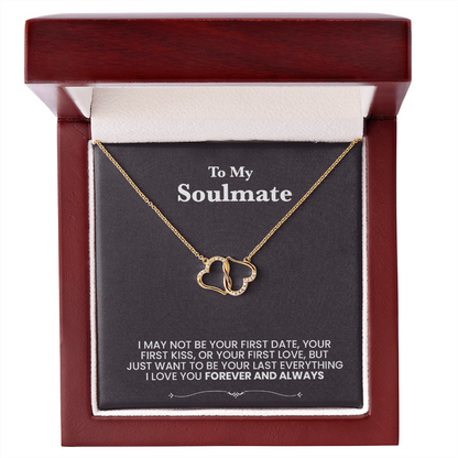 14k Gold 2 hearts necklace with custom message to soulmate